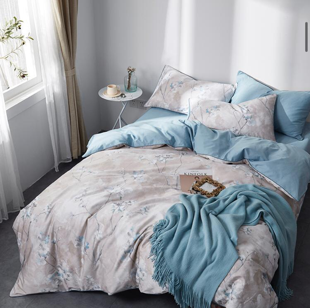 Постельное белье ЕВРО (двуспалка) Египедский Хлопок Бежевый сакура