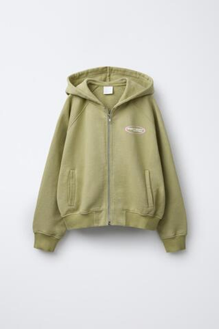 ZARA ХУДИ ИЗ ТКАНИ С ЭФФЕКТОМ ПОТЕРТОСТИ С ЗАСТЕЖКОЙ-МОЛНИЕЙ, СВЕТЛО-ЗЕЛЕНЫЙ