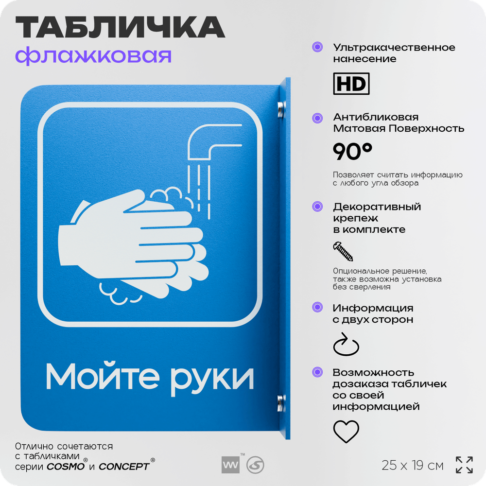 Табличка "Мойте руки" флажковая на стену, двусторонняя с крепежом, 19 х 25 см, для офиса, кафе, ресторана, серия COSMO, Айдентика Технолоджи