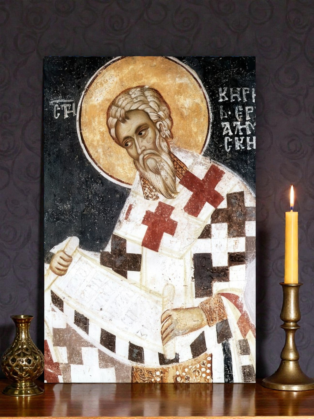 Кирилл Иерусалимский архиепископ, святитель. Деревянная икона на левкасе