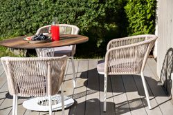 "Марсель" стул плетеный из роупа, каркас алюминий белый муар, роуп бежевый круглый, ткань бежевая 052