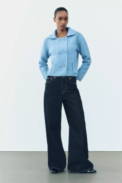 ZARA КАРДИГАН КРУПНОЙ ВЯЗКИ С КРУГЛЫМ ВОРОТНИКОМ, ГОЛУБОЙ