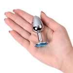 Маленькая коническая серебристая анальная пробка 7см с голубым кристаллом ToyFa Metal 717001-14