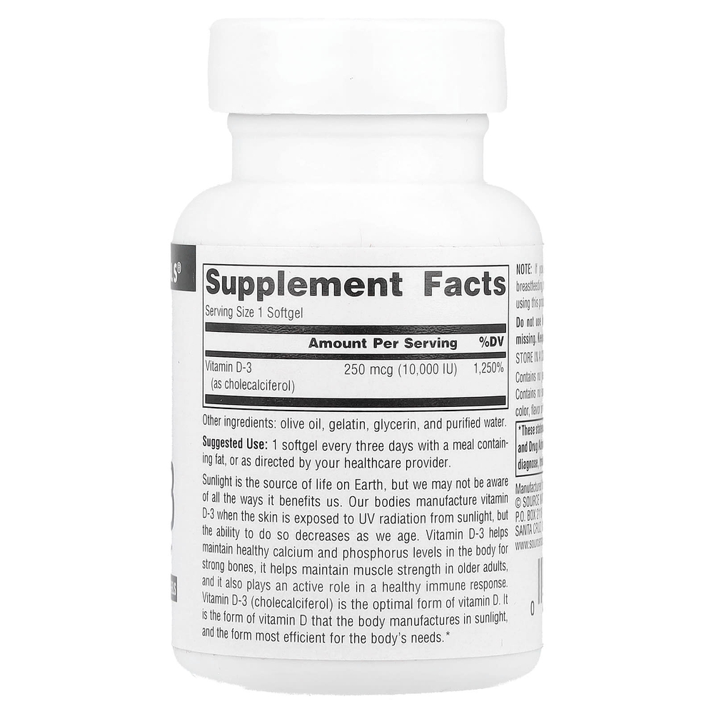 Source Naturals, витамин D3, 250 мкг (10 000 МЕ), 120 мягких таблеток
