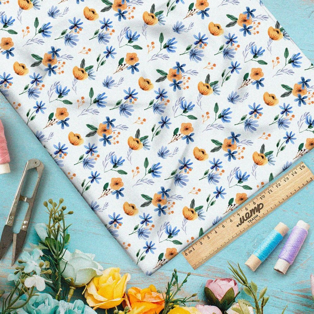 Ткань блэкаут оранжевые цветочки с голубыми листочками