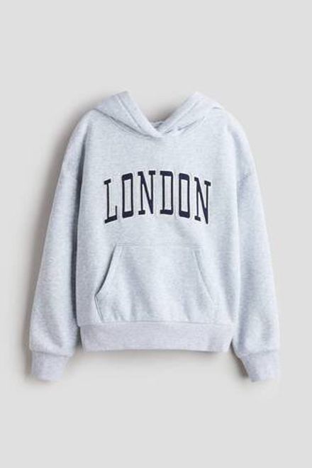 H&M Толстовка с капюшоном и принтом, светло-серый меланж