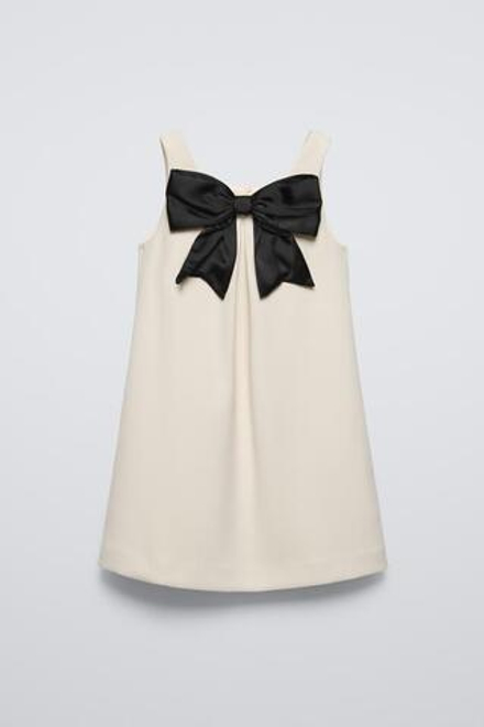 ZARA ПЛАТЬЕ С КОНТРАСТНЫМ БАНТОМ, ЭКРЮ