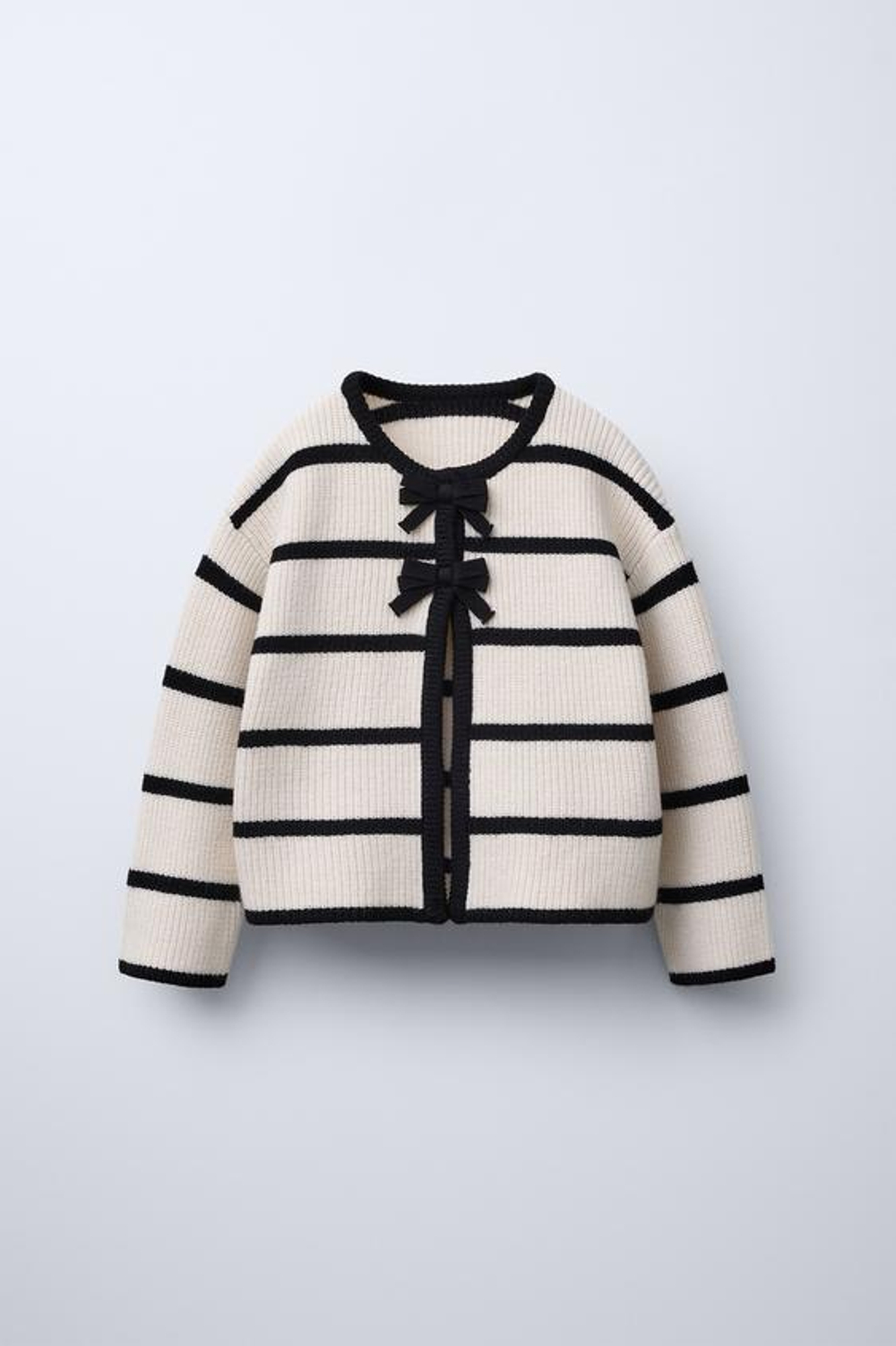 ZARA КАРДИГАН В ПОЛОСКУ С БАНТАМИ, ЭКРЮ/ЧЕРНЫЙ