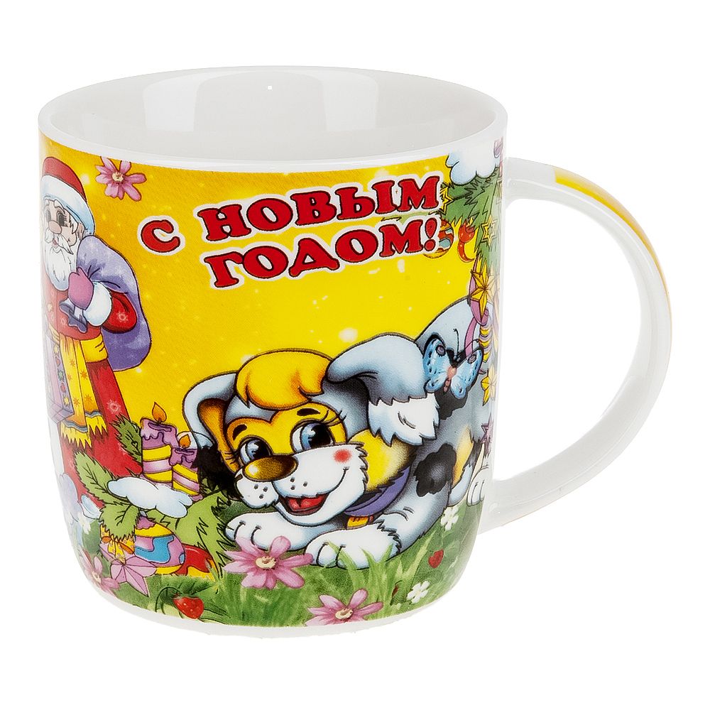 Кружка керамическая "Собачки с Дедом Морозом" 380мл. (4вида) (min12) (подарочная упаковка)