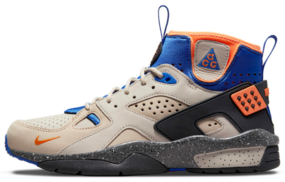 Nike Air Mowabb Rattan Birch two-layer cowhide TPU sports comfortable shock absorption, non-slip, wear-resistant, breathable, wrapping high-top hiking shoes for men and women with the same brown, blue and orange stitching