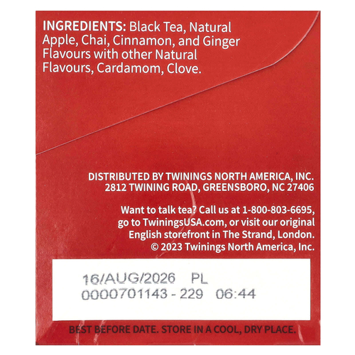 Twinings, Черный чай, чай, яблоко с пряностями, 20 чайных пакетиков, 40 г (1,41 унции)