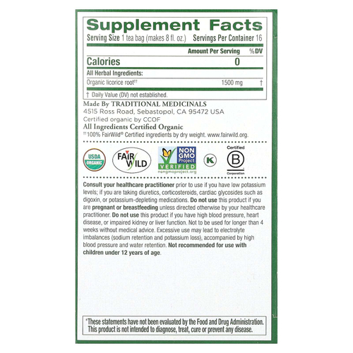 Traditional Medicinals, корень органической солодки, без кофеина, 16 чайных пакетиков, 24 г (0,85 унции)