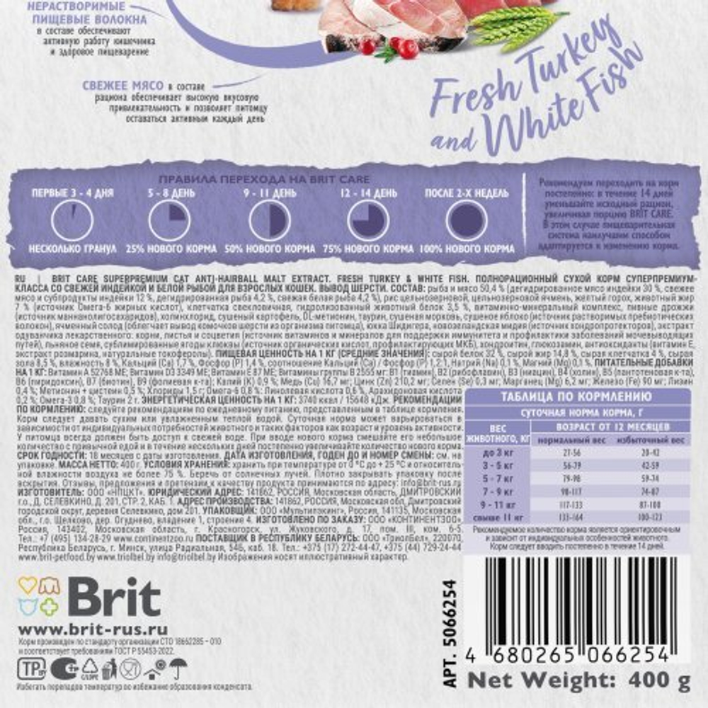 Сухой корм для взрослых кошек с белой рыбой и индейкой Cat Anti-Hairball BRIT CARE 0,4кг