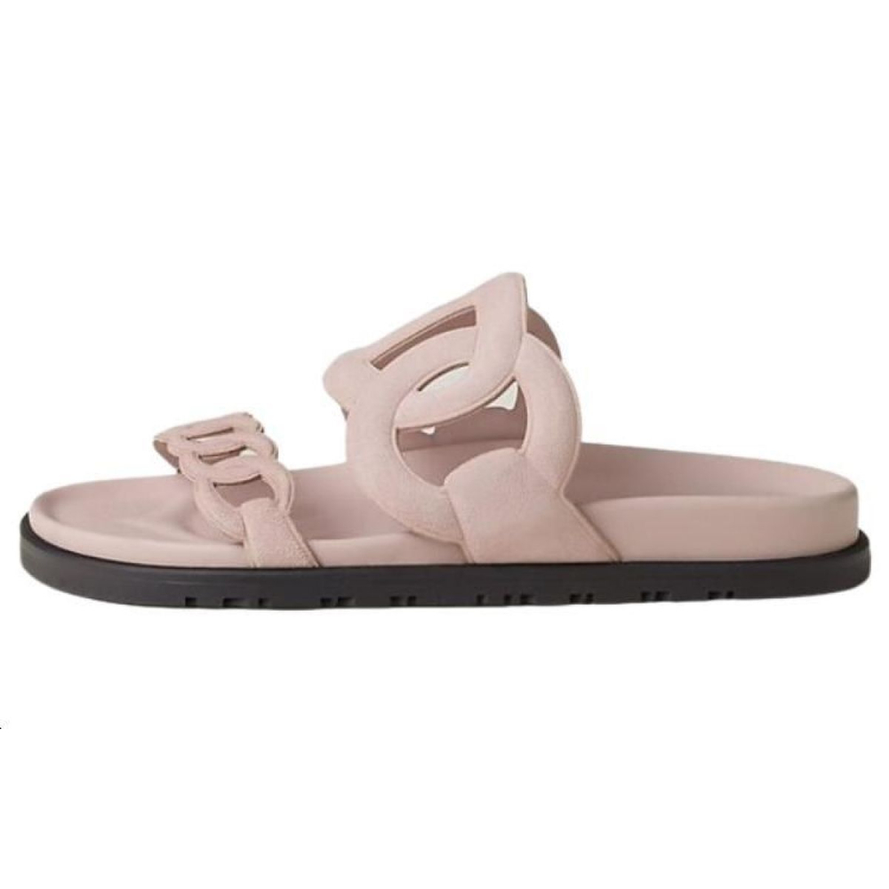 Hermes Extra leather comfortable and fashionable one-word slippers women's pink, H222301Z 27