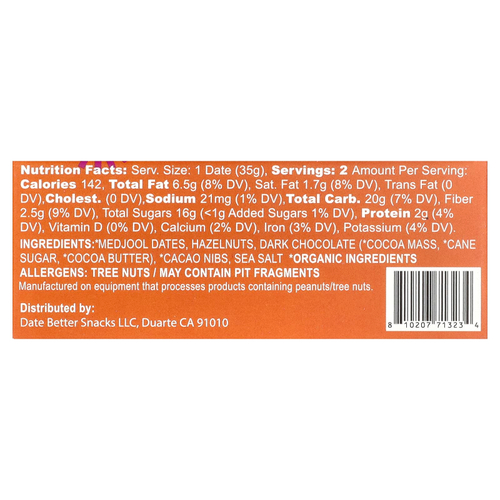 Date Better Snacks, финики, пралине с фундуком, 60 г (2,4 унции)