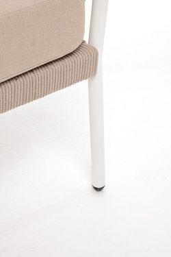 "Диего" диван 2-местный плетеный из роупа, каркас алюминий белый муар, роуп бежевый круглый, ткань бежевая 15052