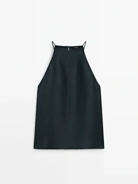Massimo Dutti Топ из смесового льна с открытой спиной, зеленый