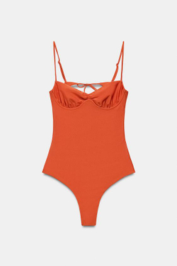 ZARA АТЛАСНЫЙ КУПАЛЬНИК НА КОСТОЧКАХ, ОРАНЖЕВЫЙ