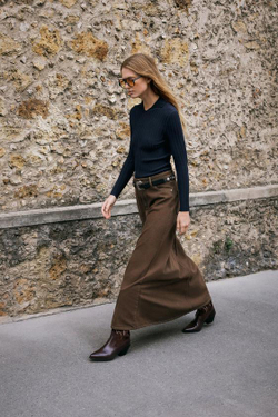 ZARA ДЖИНСОВАЯ ЮБКА-ТРАПЕЦИЯ Z1975 MIDI, КОРИЧНЕВЫЙ