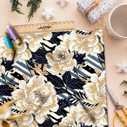 Ткань премиум шелк искусственный Армани пионы на полосках