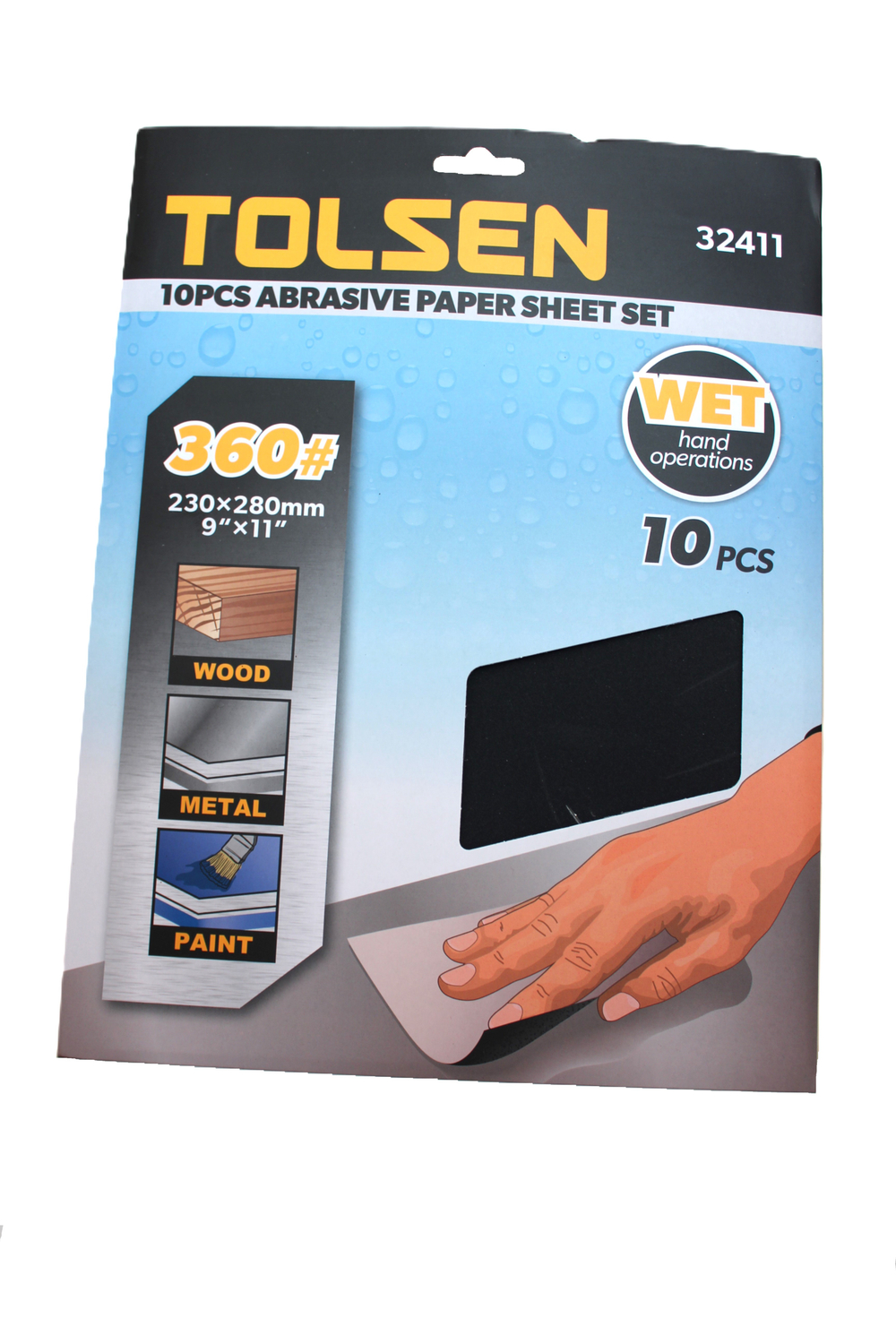 Шлифлист на бумажной основе водостойкий TOLSEN P360 SIC, 230х280мм 10шт. 32411