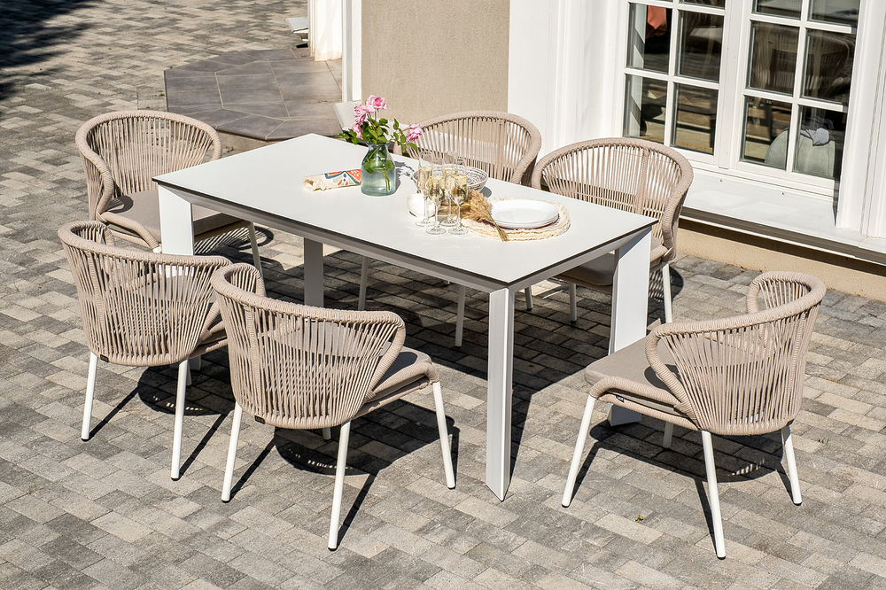 4SIS "Венето" обеденная группа на 6 персон со стульями "Милан", каркас белый, роуп бежевый