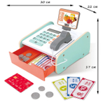 Детский деревянный "Кассовый аппарат" с бумажными деньгами, монетами, пластиковой картой и сканером товаров