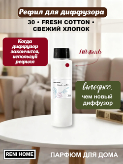 Ароматический диффузор RENI HOME 30 FRESH COTTON/ Свежий хлопок (аромат для дома), 100мл.
