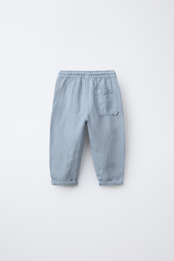 ZARA БРЮКИ ПРЯМОГО КРОЯ ИЗ СМЕСОВОГО ЛЬНА, ГОЛУБОЙ