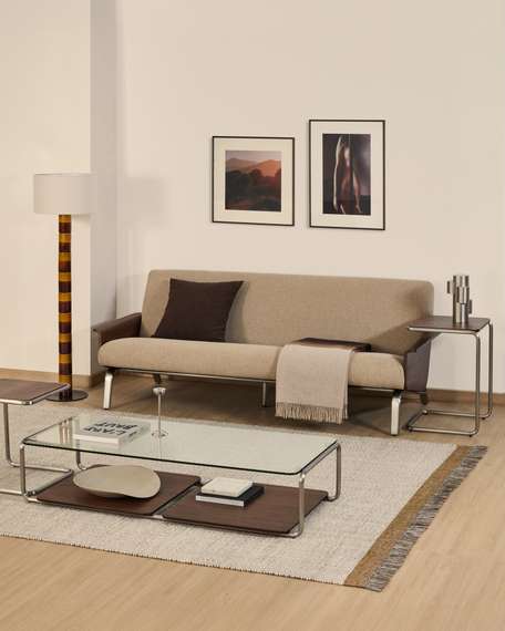 3-местный диван Amsen светло-коричневый с подлокотниками из шпона ореха