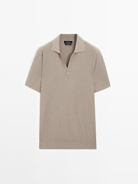 Massimo Dutti Вязаная футболка-поло с V-образным вырезом, бежевый