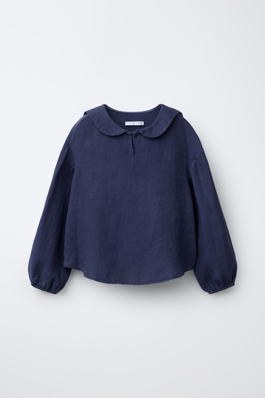 ZARA РУБАШКА С КРУГЛЫМ ВОРОТНИКОМ ИЗ 100% ЛЬНА, СИНИЙ