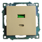 Розетка 2-местная USB + type C (механизм), 250В, 3А, max 20W, STEKKER, GLS10-7116-08, серия Катрин, золото 50053
