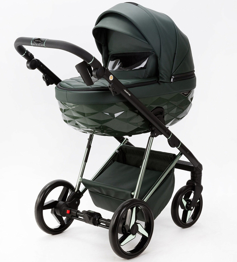 Детская коляска Adamex Quantum Superstar Deluxe 2 в 1 Q-STAR140-K (Т.ЗЕЛЕН.КОЖА+Т.ЗЕЛЕН.ДНО+ХРОМ.РАМА)