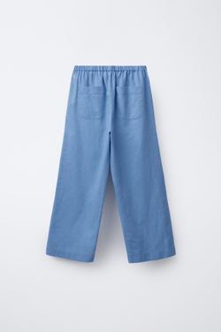 ZARA БРЮКИ ИЗ ХЛОПКА И ЛЬНА С БАНТАМИ, СИНИЙ