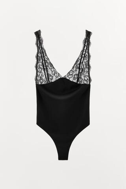 ZARA БОДИ ИЗ ПОЛИАМИДА С КРУЖЕВОМ, ЧЕРНЫЙ