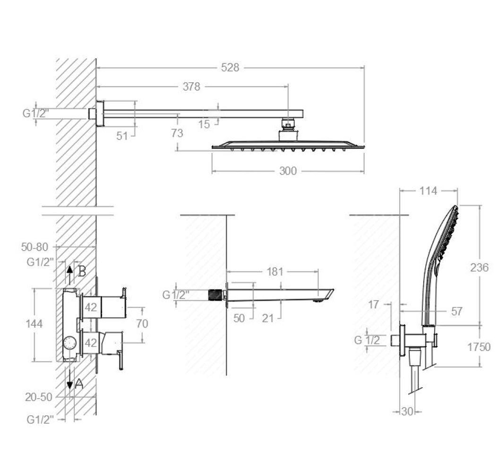 Встраиваемый смеситель для душа с изливом, троп. и ручным душем BLAUTHERM 941513RPK300
