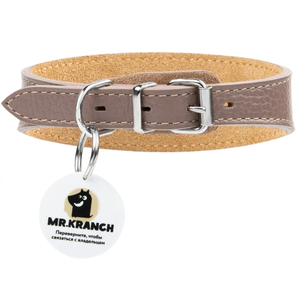 Ошейник-селедка mr.kranch для собак из натуральной кожи с qr-адресником, 24-30см, бежевый (34004)