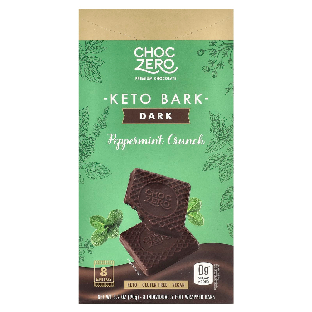 ChocZero, Keto Bark, темный шоколад, перечная мята, 8 батончиков, 90 г (3,2 унции)