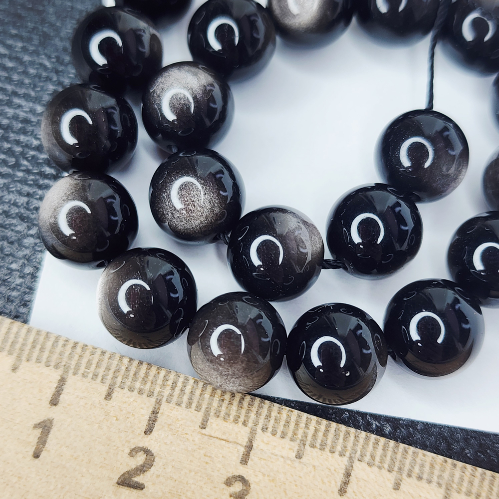 Обсидиан серебро, бусины высокое качество и полировка, р-р 10.2 - 10.3мм, штучно