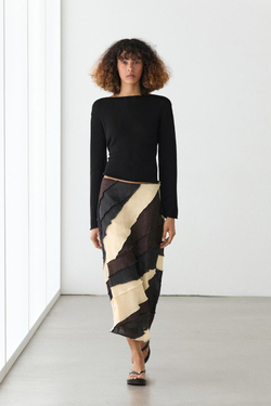 Massimo Dutti Многослойная контрастная льняная юбка миди, коричневый