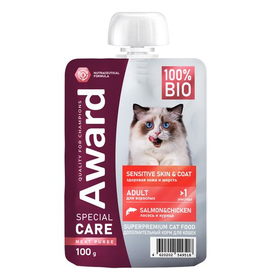 Award Special Care Sensitive skin&coat Мясное пюре для взрослых кошек, здоровье кожи и шерсти, со вкусом курицы и лосося, 100г