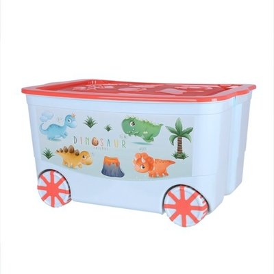Ящик для игрушек "KidsBox" на колёсах "Динозаврики" 55л 61*40*33 оранжевая крышка