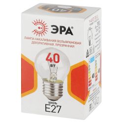 Лампа накаливания ЭРА P-40-E27-230-CL 40Вт 230В шар прозрачный цветная коробка Е27