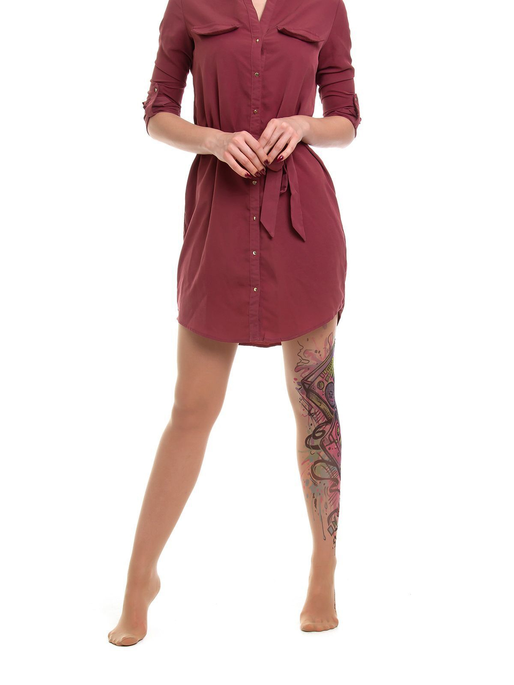 Молодежные колготы с имитацией цветного тату на левой ноге (Размер: S-M-L) (Цвет: бежевый)