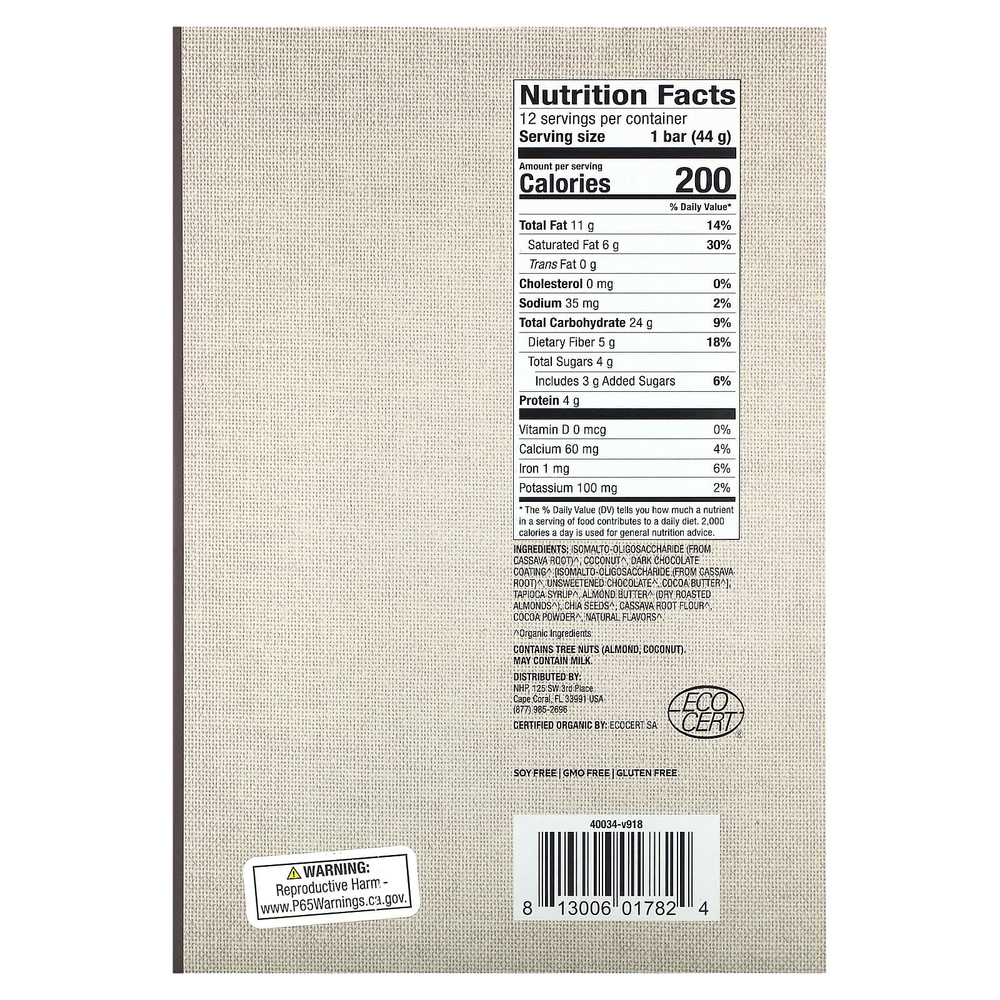 Dr. Mercola, органическая кассава с какао, с семенами кокоса и чиа, 12 батончиков по 44 г (1,55 унции)