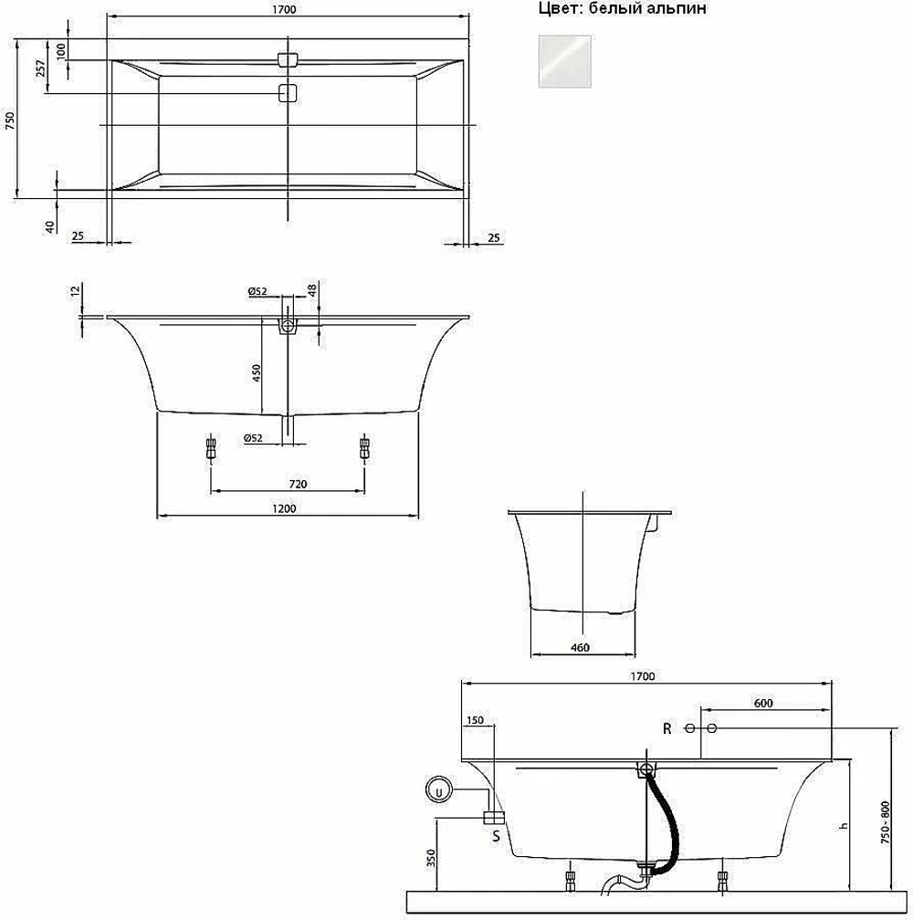 Ванна квариловая Villeroy&Boch Squaro Edge 12 UBQ170SQE2DV-01 170x75 альпийский белый