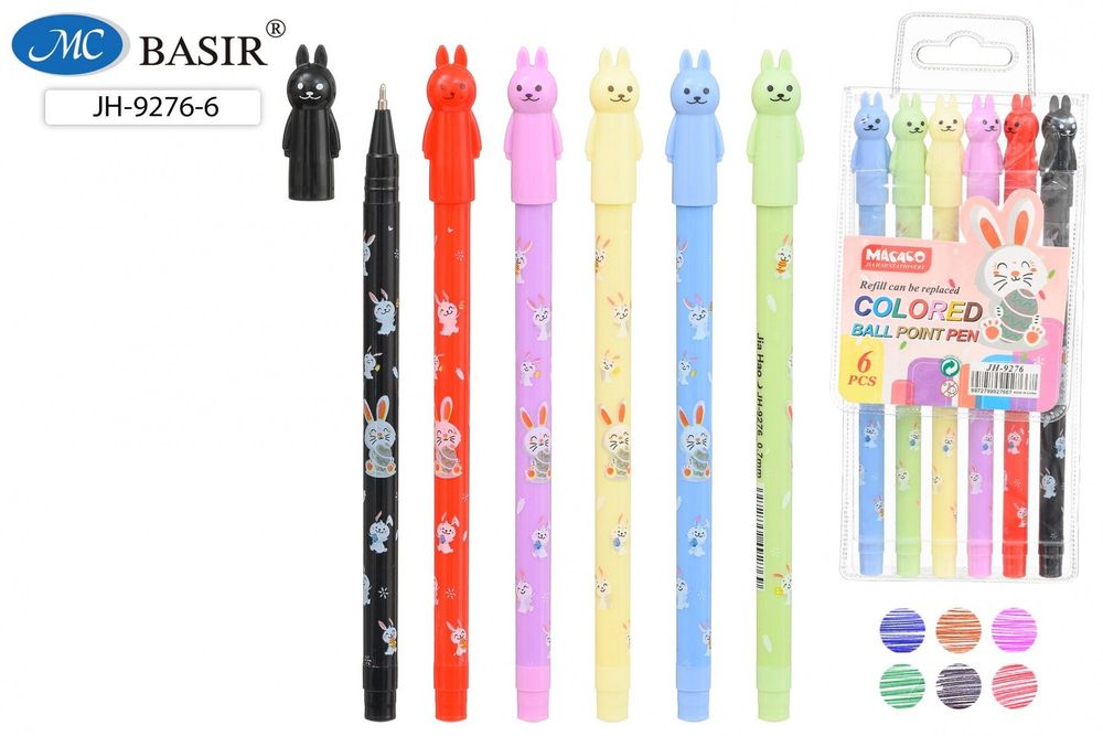 Набор ручек шарик. масл. 6цв. 0,7мм. "Зайчики" корп.в цвет чернил, пласт.упакет (Basir)