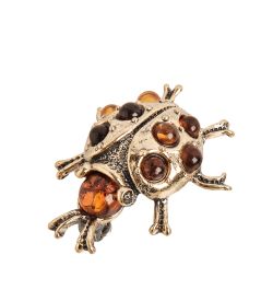 AM-1633 Брошь «Божья коровка на счастье» (латунь, янтарь)