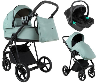 Детская коляска Roan Sol Vintage Leather 2.0 3 в 1 с автокреслом Pituso Santiso Pro Black SL/13/L Misti Mint/Grey/руч. Серый